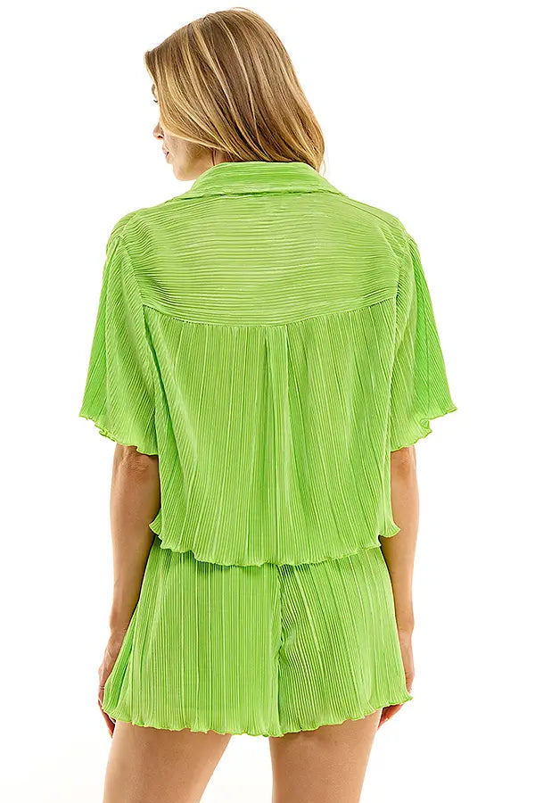 PLEATED SHIRT AND SHORTS SET | LIME