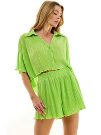 PLEATED SHIRT AND SHORTS SET | LIME