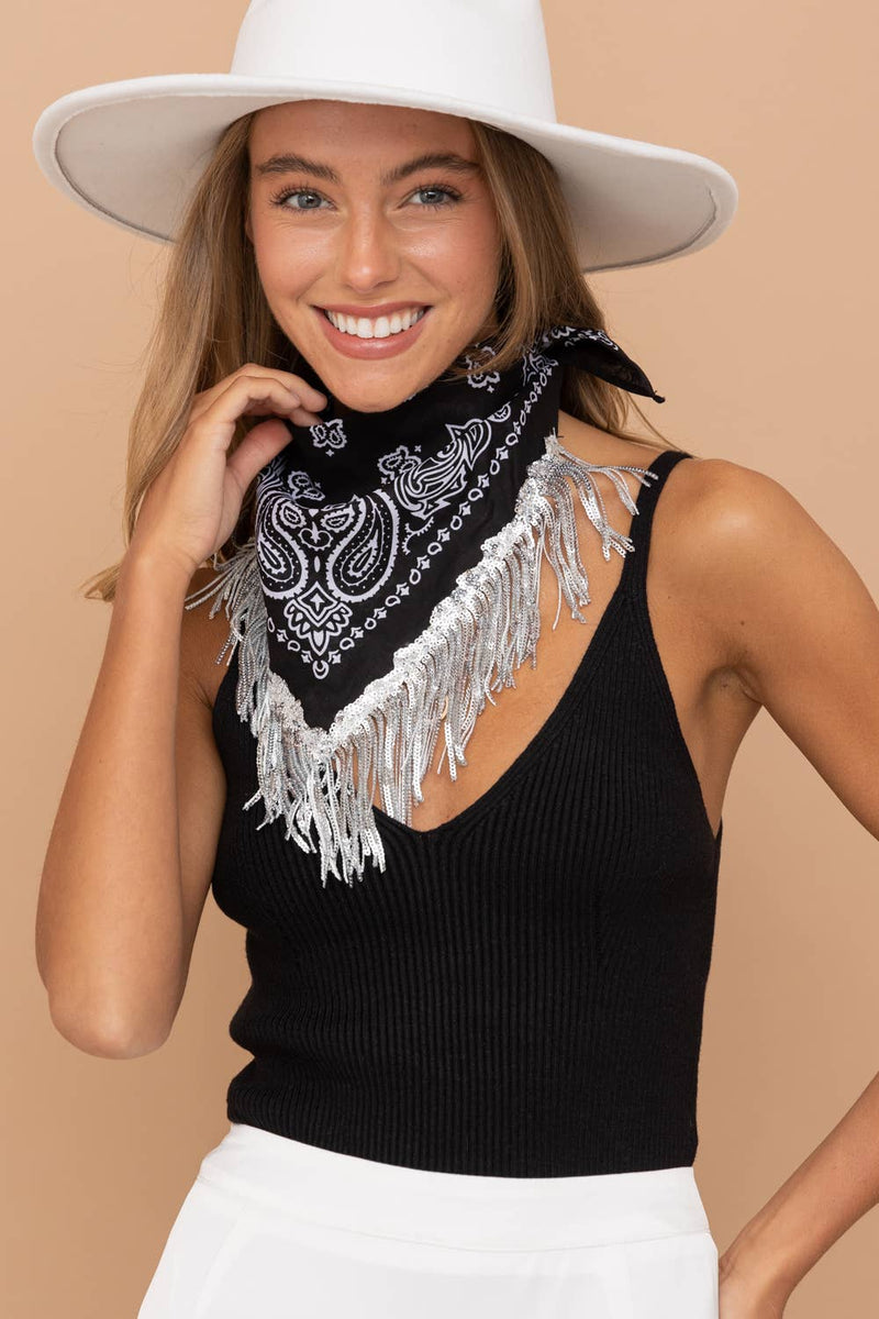 BANDANNA SCARF WITH SEQUIN FRINGE