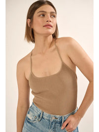 HALTER RIB KNIT BODYSUIT | TAUPE